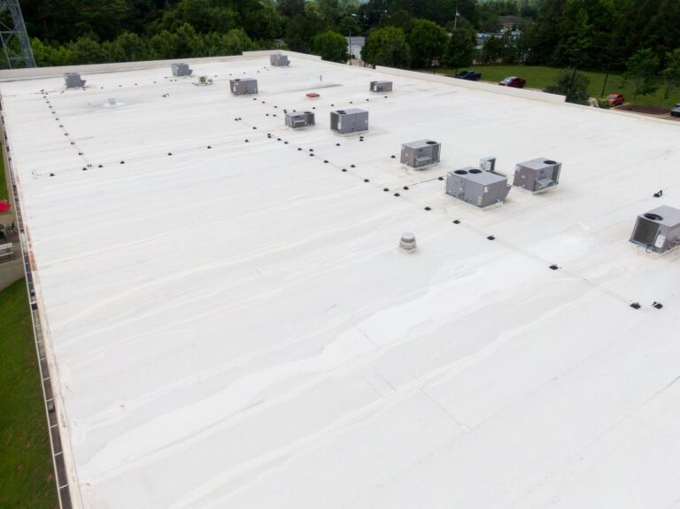 Drone Images of Flat Commercial TPO Roofs, Sunny, No People, Industrial