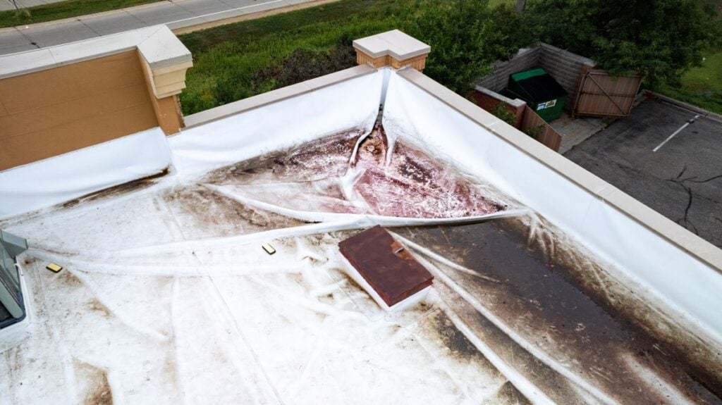 commercial roof installation dirty and TPO damaged