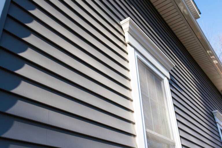 Dark vinyl siding in residential neighborhood, new window treatm