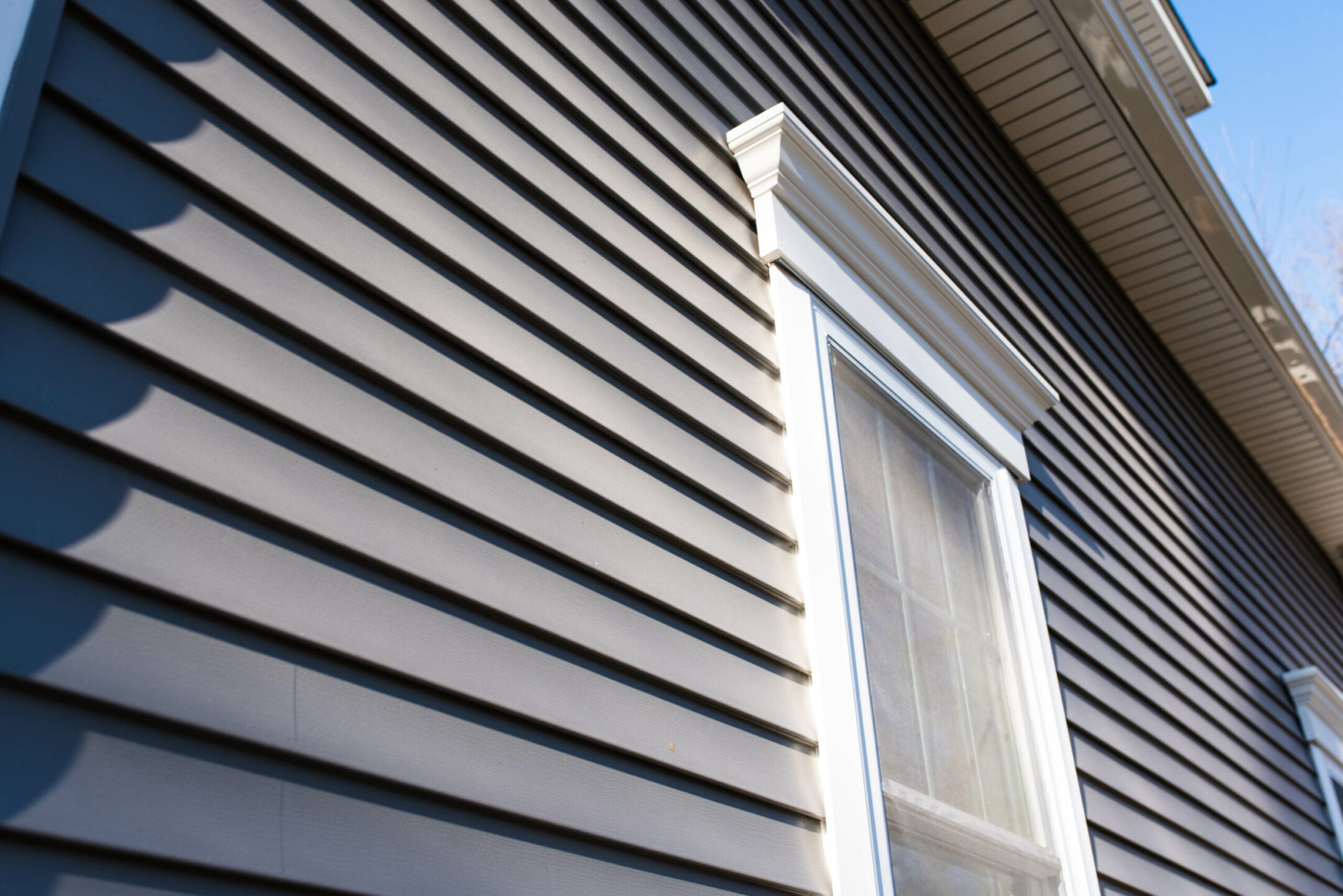 Dark vinyl siding in residential neighborhood, new window treatm