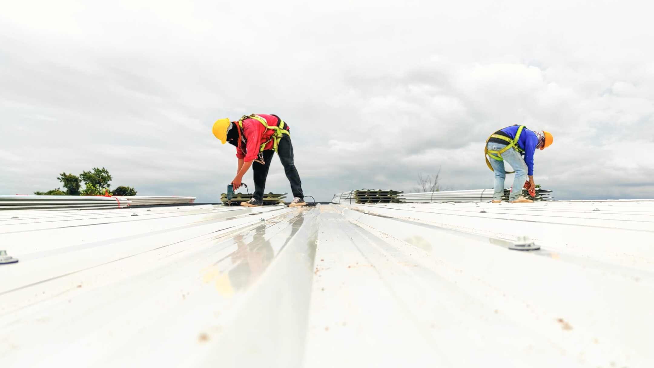 Construction worker install roof, Roofing tools, worke using Electric drill replacement install roof roof plates.